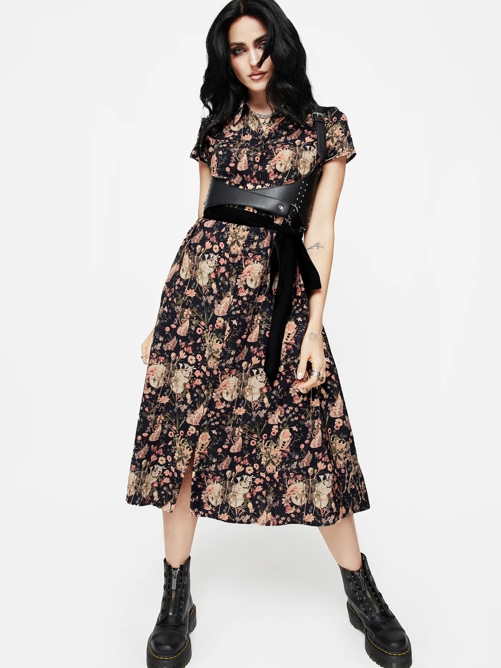 NWT Disturbia Goth Pixie Skeleton Floral Tie-Waist Midi Shirt Dress US12 - Picture 4 of 12